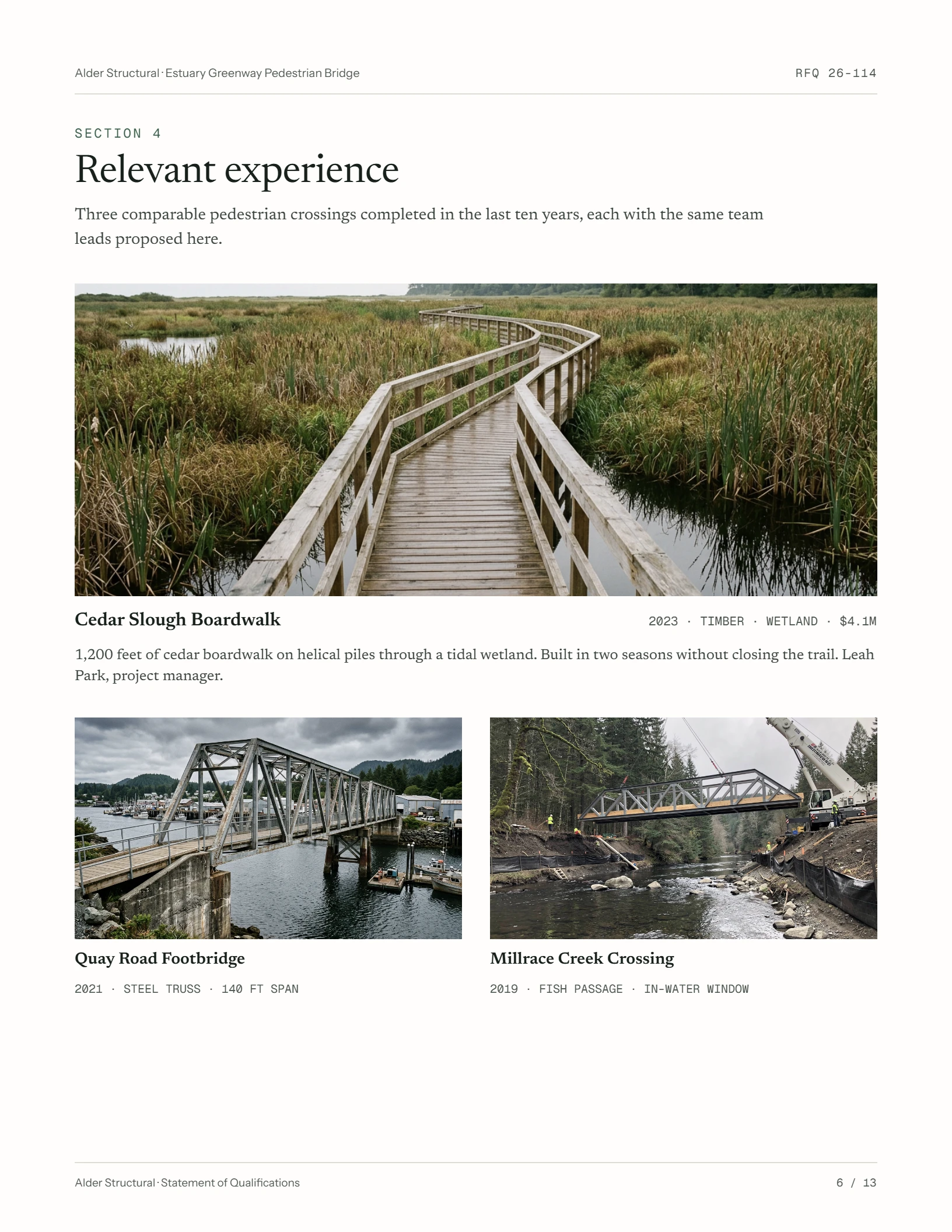 Estuary Greenway Pedestrian Bridge, relevant experience