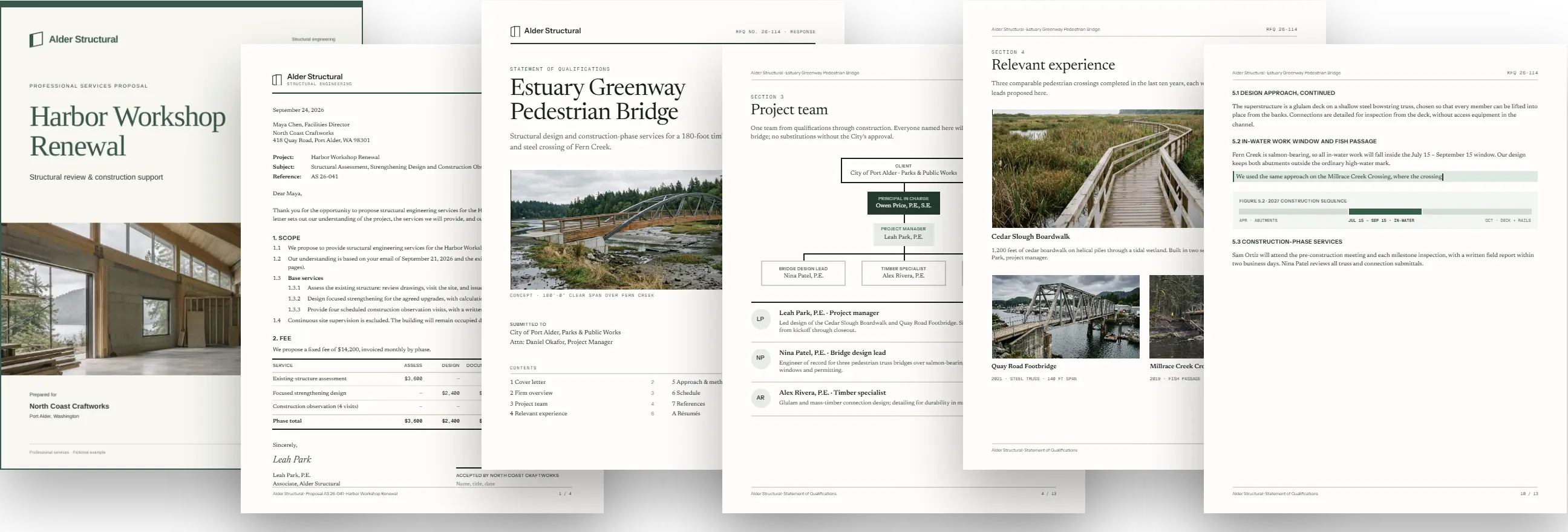 Finished pages: the Harbor Workshop Renewal cover and letter, and the Estuary Greenway cover, team, experience and approach pages
